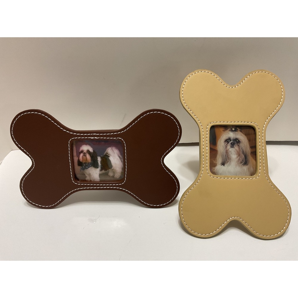 Two's Company Dog Bone Picture Frames Set‎ of 2 Faux Leather Brown Tan Stitched